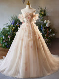 Champagne Floral Tulle Long Prom Dress, Elegant A-Line Formal Evening Dress HZ1024