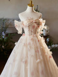Champagne Floral Tulle Long Prom Dress, Elegant A-Line Formal Evening Dress HZ1024