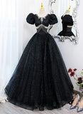 Black Tulle Beaded Short Sleeves Prom Dress, Black Tulle Formal Dress HZ1024