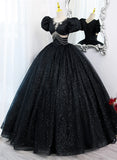 Black Tulle Beaded Short Sleeves Prom Dress, Black Tulle Formal Dress HZ1024