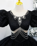 Black Tulle Beaded Short Sleeves Prom Dress, Black Tulle Formal Dress HZ1024