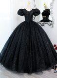 Black Tulle Beaded Short Sleeves Prom Dress, Black Tulle Formal Dress HZ1024