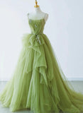 Elegant Green Tulle Straps Long Formal Dress, Green Tulle Evening Dress Party Dress HZ1024