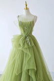 Elegant Green Tulle Straps Long Formal Dress, Green Tulle Evening Dress Party Dress HZ1024