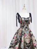 Black Satin Straps A-line Floral Long Formal Dress, Black Evening Dress HZ1024