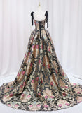 Black Satin Straps A-line Floral Long Formal Dress, Black Evening Dress HZ1024