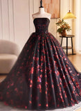 Black and Red Floral Tulle Long Party Dress, Strapless Formal Sweet 16 Dress HZ1024