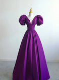 Purple Satin A-line Short Sleeves Long Formal Dress, Purple Prom Dress HZ1024