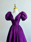 Purple Satin A-line Short Sleeves Long Formal Dress, Purple Prom Dress HZ1024