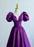 Purple Satin A-line Short Sleeves Long Formal Dress, Purple Prom Dress HZ1024