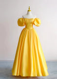 Yellow A-Line Satin Off Shoulder Prom Dress, Yellow Evening Dress HZ1024