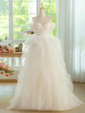 Light Champagne Spaghetti Strap Tulle Long Prom Dress, Beautiful A-Line Formal Evening Dress HZ1024