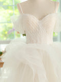 Light Champagne Spaghetti Strap Tulle Long Prom Dress, Beautiful A-Line Formal Evening Dress HZ1024