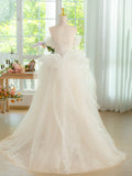 Light Champagne Spaghetti Strap Tulle Long Prom Dress, Beautiful A-Line Formal Evening Dress HZ1024