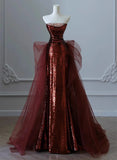 Glam Wine Red Sequins And Tulle Long Party Dress, Wine Red Evening Dress Prom Dress HZ1024