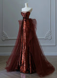 Glam Wine Red Sequins And Tulle Long Party Dress, Wine Red Evening Dress Prom Dress HZ1024