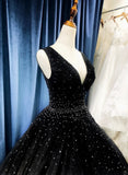 Black V-neckline Shiny Tulle Beaded Sweet 16 Dress, Black Formal Dress HZ1024