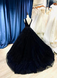 Black V-neckline Shiny Tulle Beaded Sweet 16 Dress, Black Formal Dress HZ1024