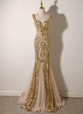 Champagne Mermaid Sequins Straps Evening Dress, Champagne Sequins Prom Dress HZ1024