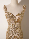 Champagne Mermaid Sequins Straps Evening Dress, Champagne Sequins Prom Dress HZ1024