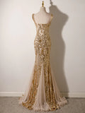 Champagne Mermaid Sequins Straps Evening Dress, Champagne Sequins Prom Dress HZ1024