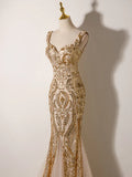 Champagne Mermaid Sequins Straps Evening Dress, Champagne Sequins Prom Dress HZ1024