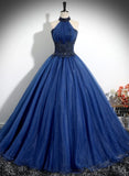 Navy Blue High Neckline Tulle Long Formal Dress, Navy Blue Ball Gown Party Dress HZ1024