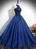 Navy Blue High Neckline Tulle Long Formal Dress, Navy Blue Ball Gown Party Dress HZ1024