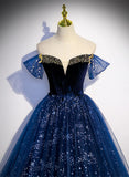Lovely Navy Blue Tulle Off Shoulder Beaded Long Party Dress, Navy Blue Tulle Prom Dress HZ1024