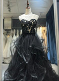 A-line Black Sweetheart Tulle Layers Long Party Dress, Black Tulle Prom Dress HZ1024
