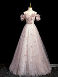 Dusty Pink Tulle Sequins Floor Length Prom Dress, Beautiful A-Line Evening Party Dress HZ1024