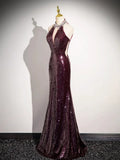 Burgundy Sequins Long Prom Dress, Mermaid Backless Evening Formal Dress HZ1024