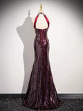 Burgundy Sequins Long Prom Dress, Mermaid Backless Evening Formal Dress HZ1024