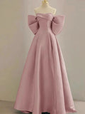Pink Satin Floor Length Prom Dress, Off the Shoulder Evening Party Dress HZ1024