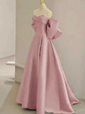 Pink Satin Floor Length Prom Dress, Off the Shoulder Evening Party Dress HZ1024