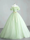 A-Line Sage Green Tulle Long Prom Dress, Beautiful Off the Shoulder Evening Party Dress HZ1024