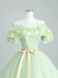 A-Line Sage Green Tulle Long Prom Dress, Beautiful Off the Shoulder Evening Party Dress HZ1024