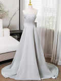 Gray Strapless Satin Long Prom Dress, Simple A-Line Evening Dress HZ1024