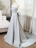 Gray Strapless Satin Long Prom Dress, Simple A-Line Evening Dress HZ1024