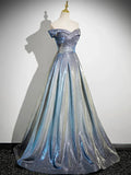 A-Line Gradient Blue Floor Length Prom Dress, Off the Shoulder Evening Party Dress HZ1024