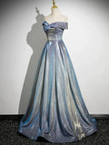 A-Line Gradient Blue Floor Length Prom Dress, Off the Shoulder Evening Party Dress HZ1024