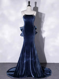 Blue Velvet Spaghetti Strap Long Prom Dress, Mermaid Bow Evening Party Dress HZ1024