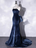 Blue Velvet Spaghetti Strap Long Prom Dress, Mermaid Bow Evening Party Dress HZ1024