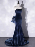 Blue Velvet Spaghetti Strap Long Prom Dress, Mermaid Bow Evening Party Dress HZ1024