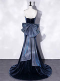 Blue Velvet Spaghetti Strap Long Prom Dress, Mermaid Bow Evening Party Dress HZ1024