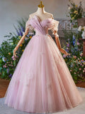 Pink Tulle Floor Length Prom Dress, Beautiful A-Line Off the Shoulder Evening Party Dress HZ1024