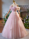 Pink Tulle Floor Length Prom Dress, Beautiful A-Line Off the Shoulder Evening Party Dress HZ1024