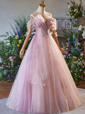 Pink Tulle Floor Length Prom Dress, Beautiful A-Line Off the Shoulder Evening Party Dress HZ1024