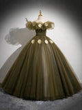 Elegant Off the Shoulder Floor Length Prom Dress, Green A-Line Tulle Formal Party Dress HZ1024