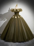 Elegant Off the Shoulder Floor Length Prom Dress, Green A-Line Tulle Formal Party Dress HZ1024